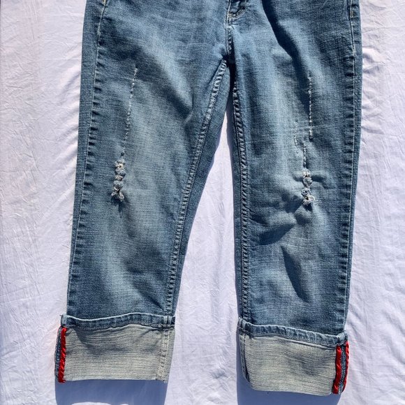 Eckored Denim Riveted Capri Large Cuff Red Seem Jeans Distressed - Picture 2 of 15